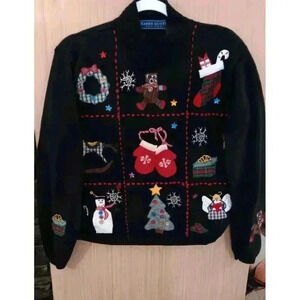 Karen Scott‎ PL Black Christmas Collage Patchwork Christmas Sweater